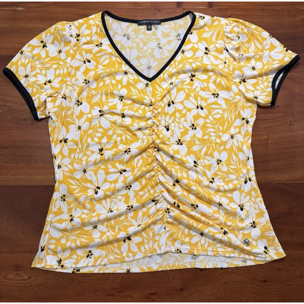 Adrienne Vittadini Yellow Floral Blouse Top XL Ruched Front V-Neck Short Sleeve